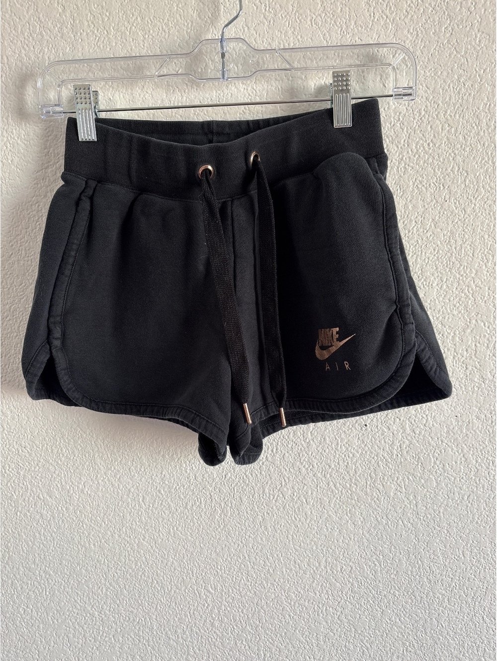 Nike Air Women's Black Athletic Shorts with Rose Gold Logo and Drawstring, Size
